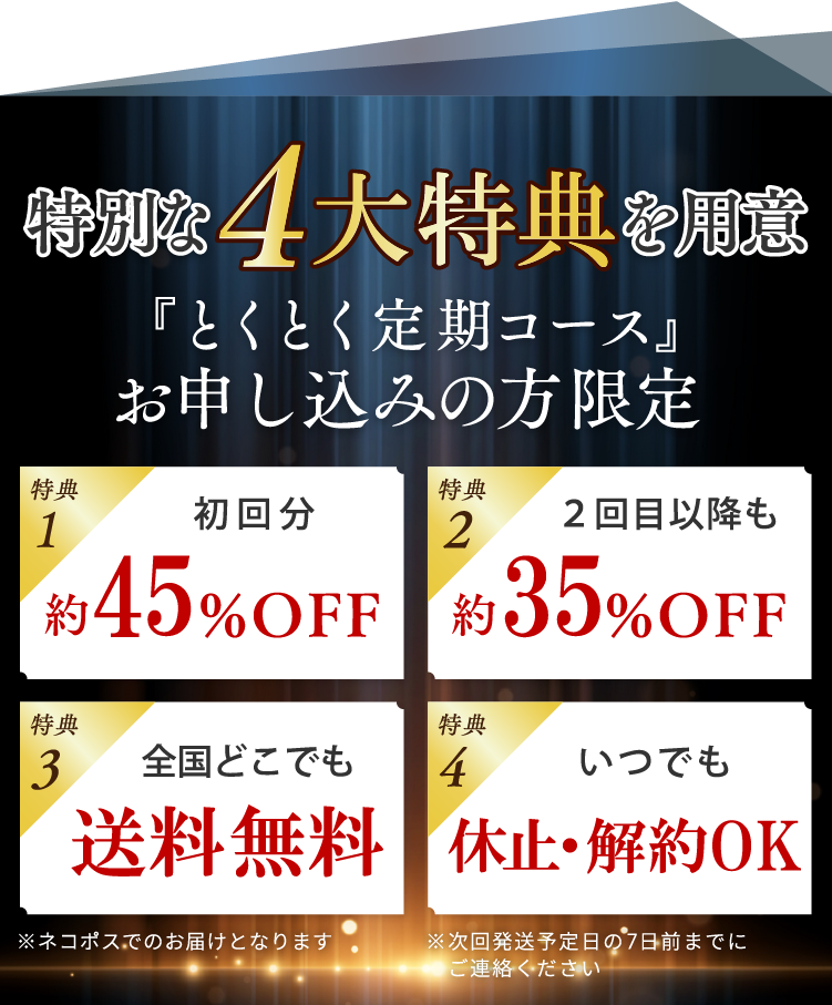 定期コース4大特典　初回45%off ２回目以降も35%off></picture></p>
   <h2> <p><picture><source type=